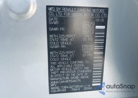 2015 Nissan Rogue Sv from USA, damaged, VIN KNMAT2MV6FP548775